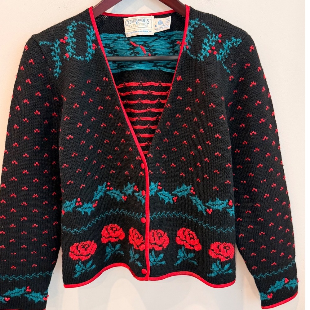 Vintage 1988 Susan Bristol Wool Cardigan Red Roses Holly Black Velvet Lined M